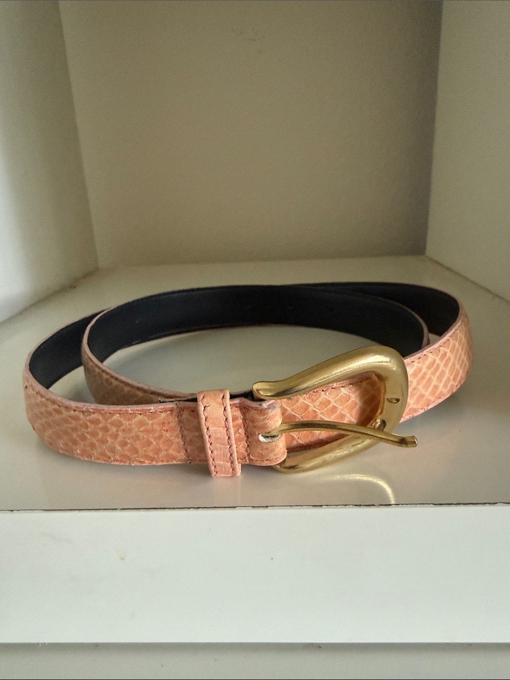 Peach Genuine Snake + Leather Textured Belt with Gold Buckle